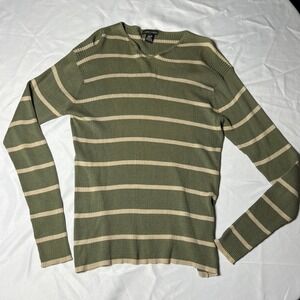 Kevoman Silk Cotton Ribbed Striped V-Neck Sweater Olive Green Tan Small